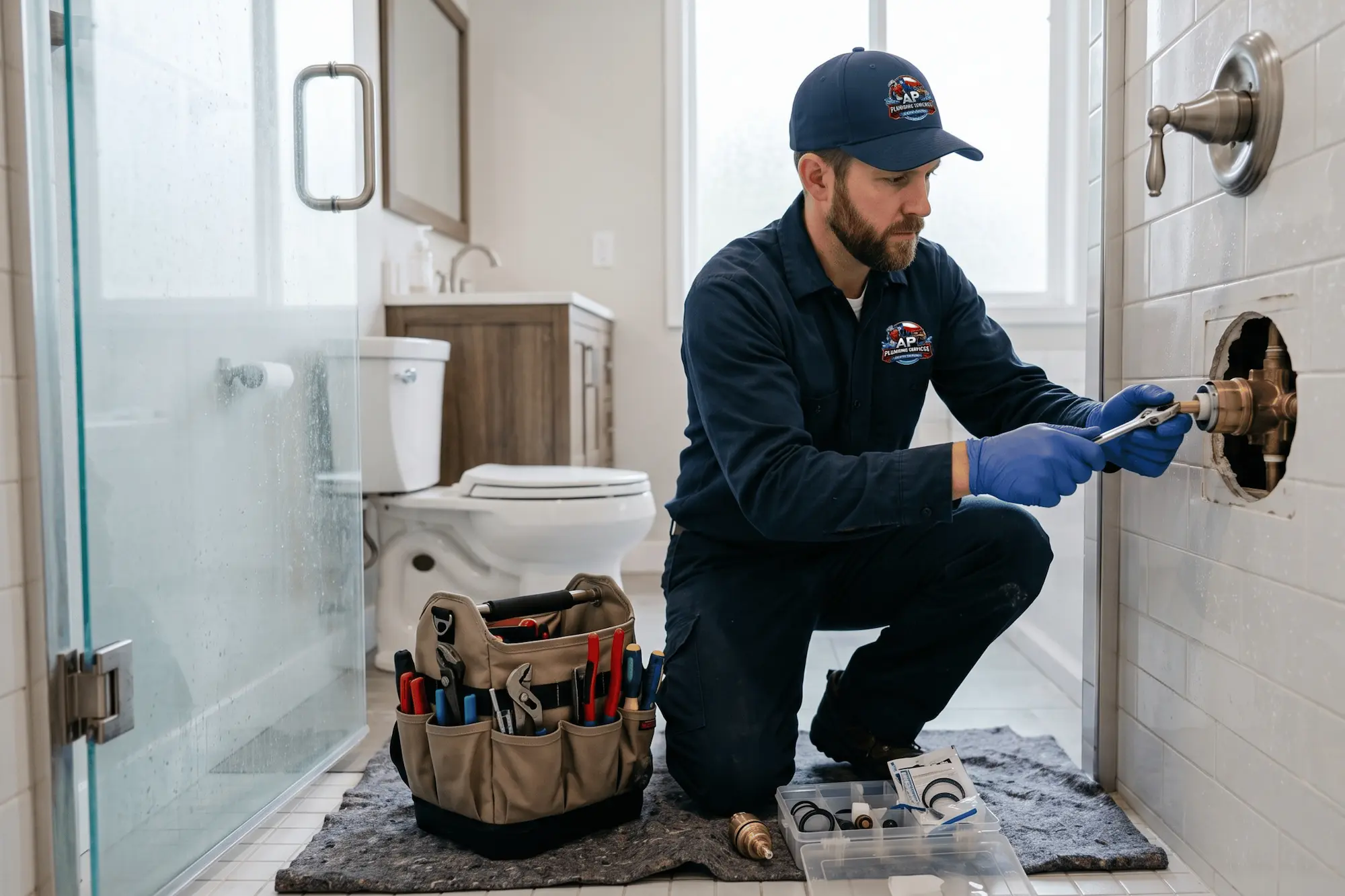 Technician repairing shower valve fixture