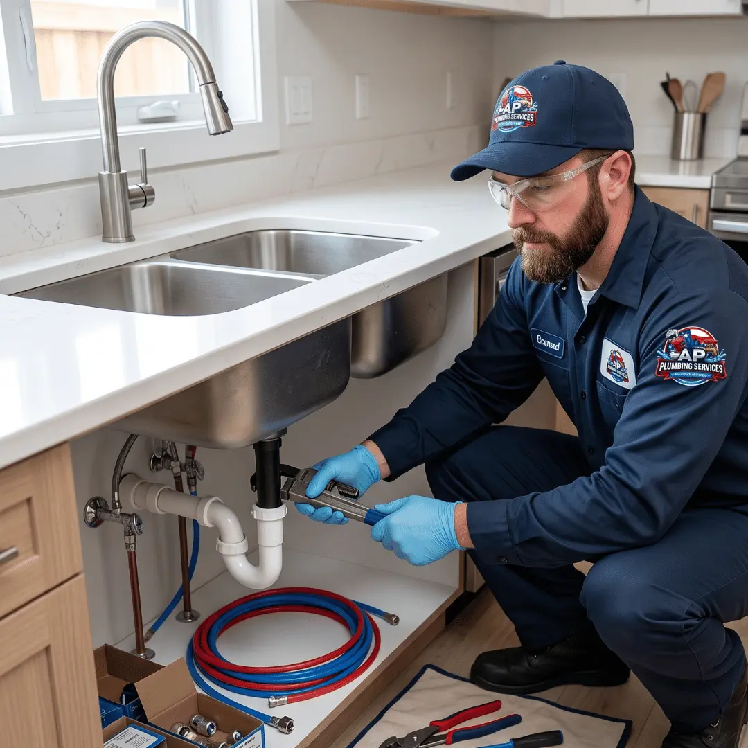 Plumber installing kitchen sink plumbing