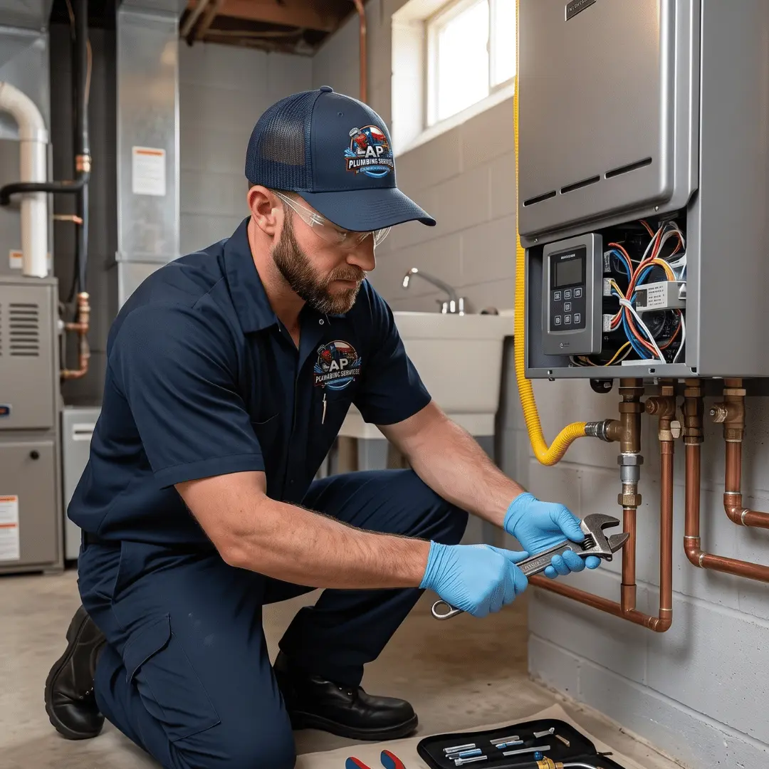 Plumber installing tankless water heater unit
