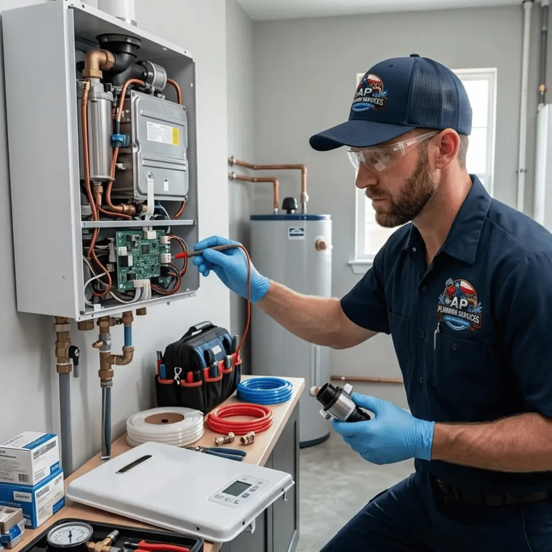 Technician repairing tankless water heater system