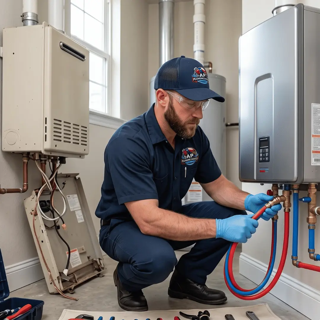 Technician replacing tankless water heater unit