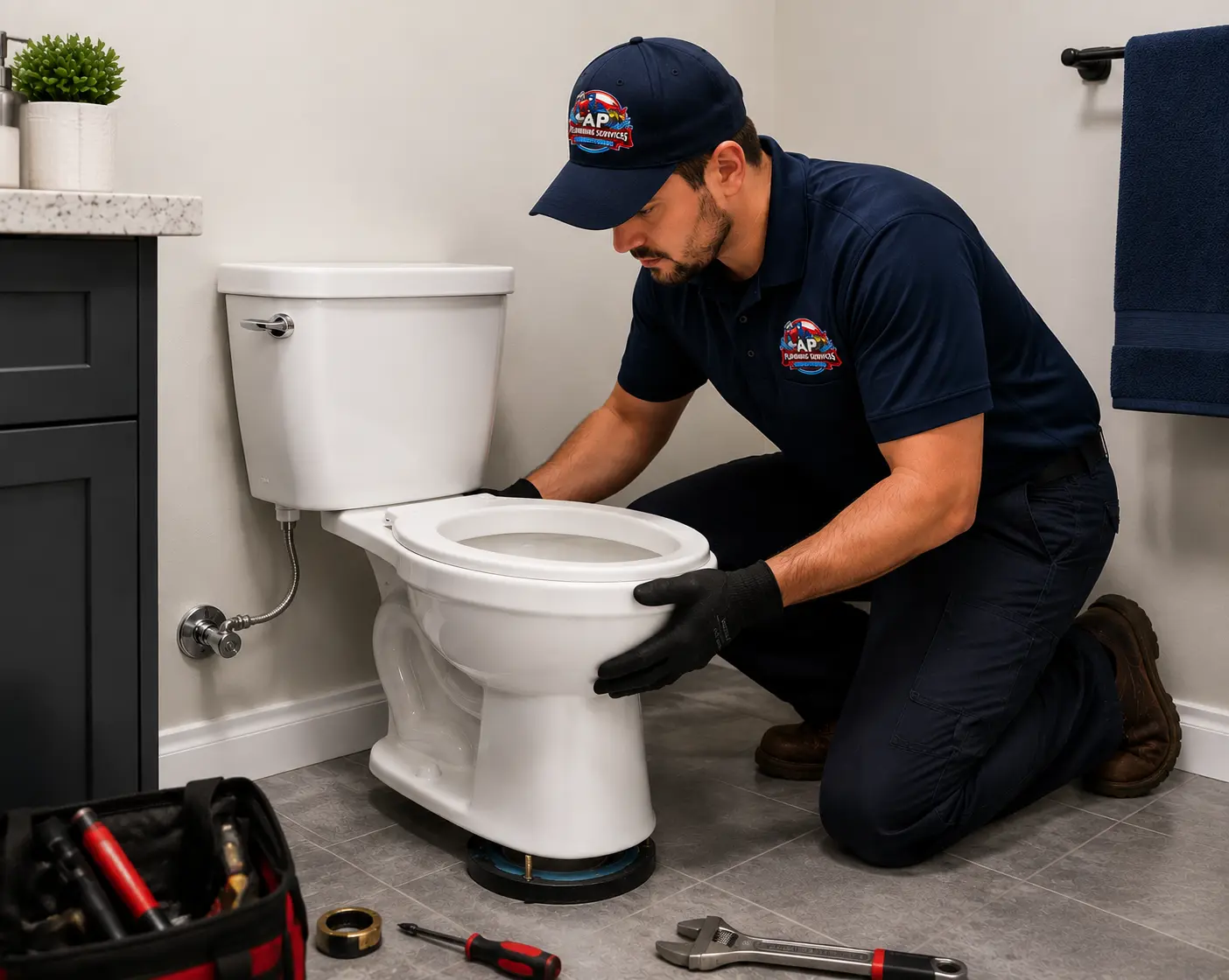 Plumber installing new toilet fixture