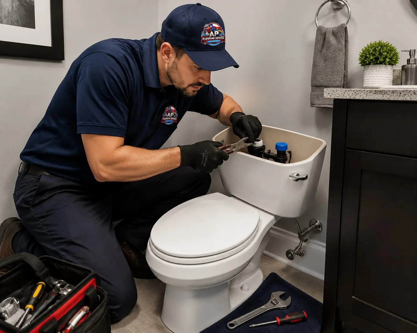 Plumber repairing toilet tank components