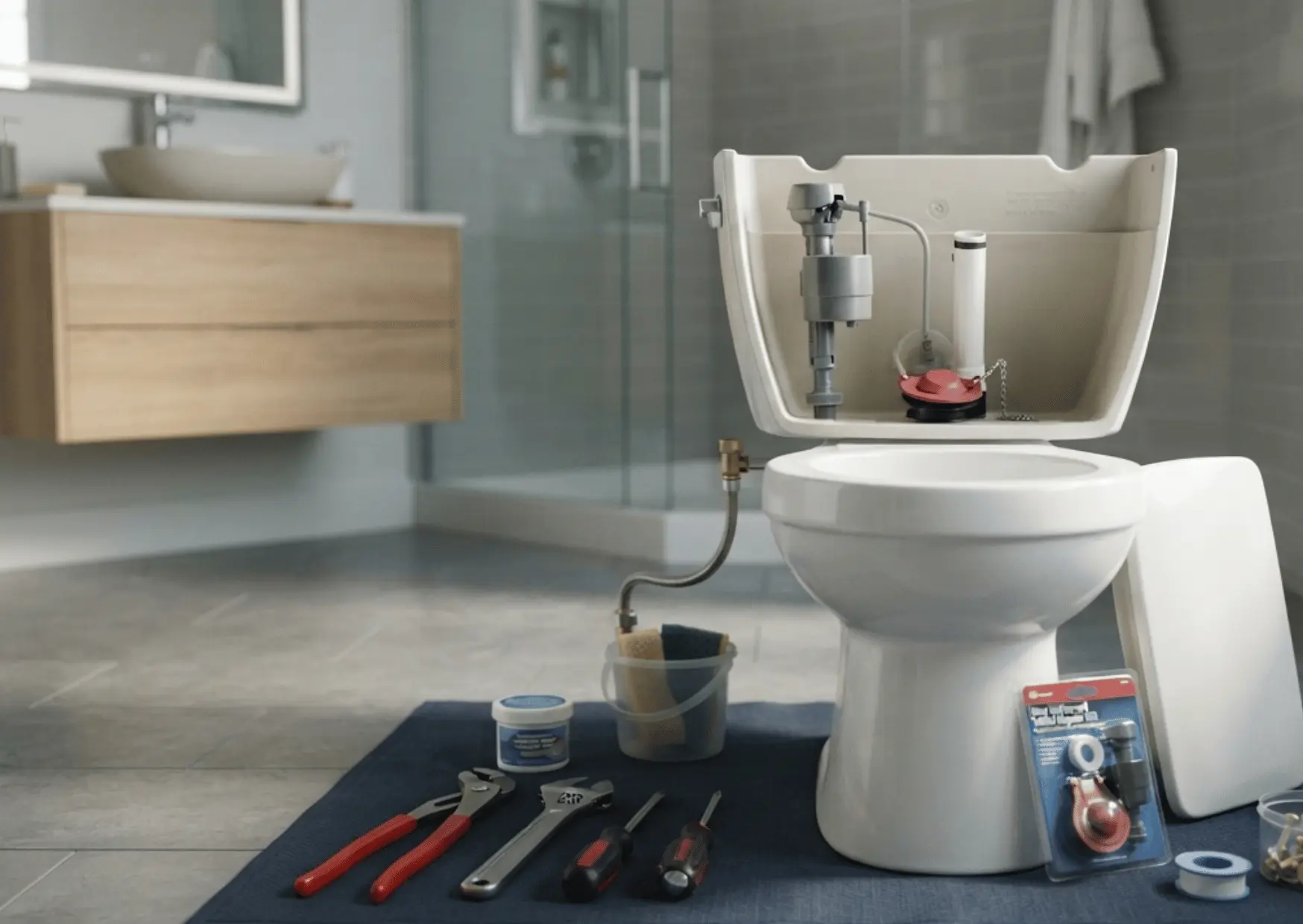 Toilet repair parts and plumbing tools