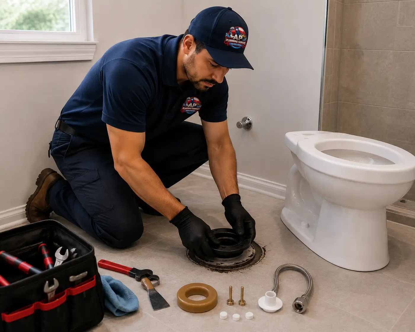 Plumber replacing toilet flange seal