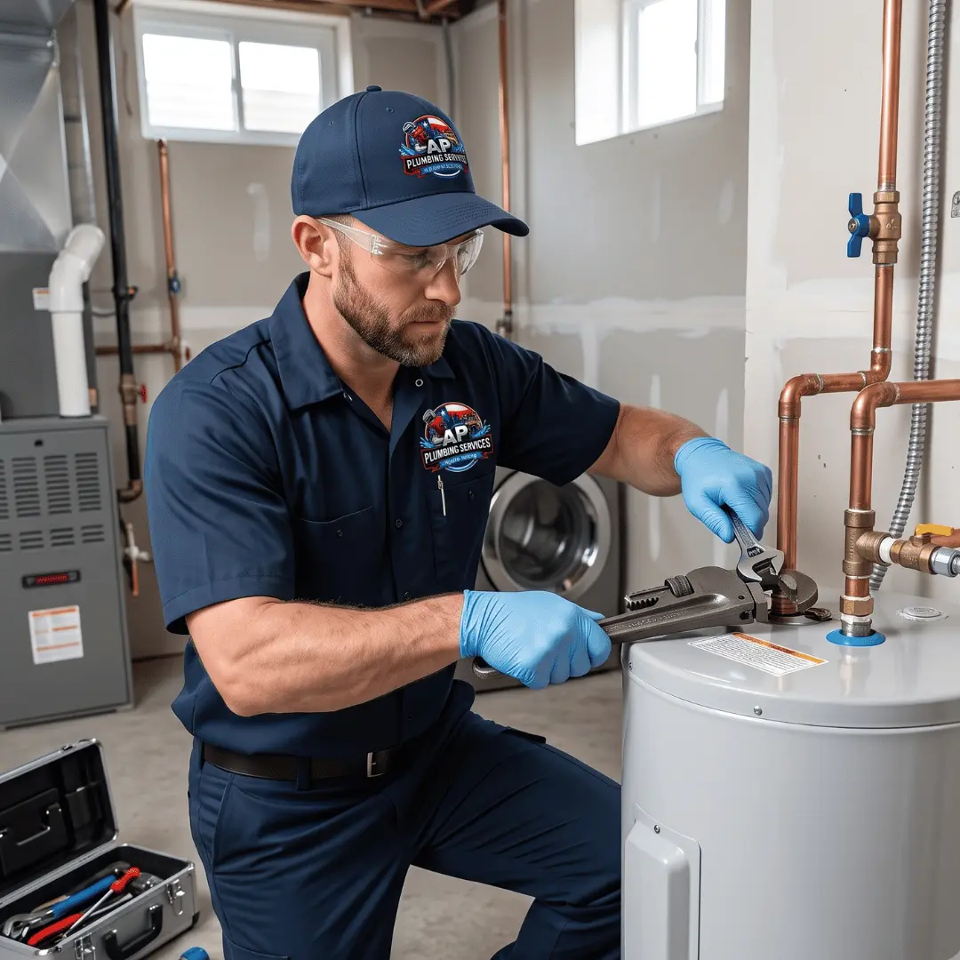 Technician installing residential water heater system