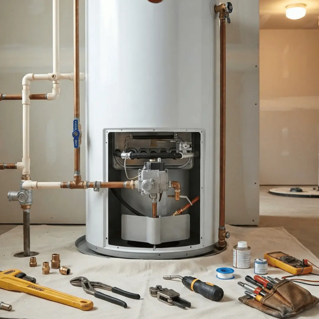 Water heater repair service with plumbing tools and equipment beside a residential water heater unit