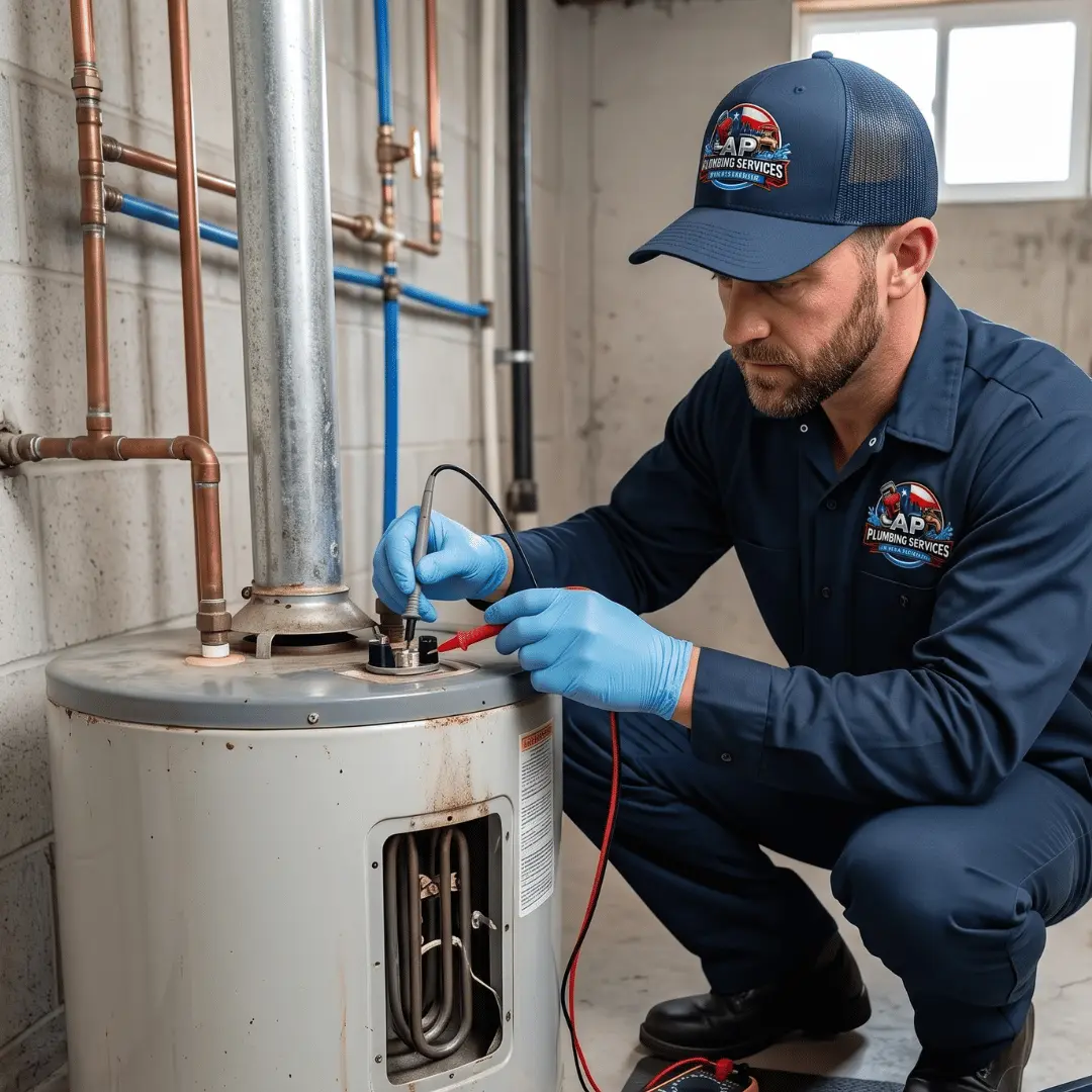 Technician repairing residential water heater