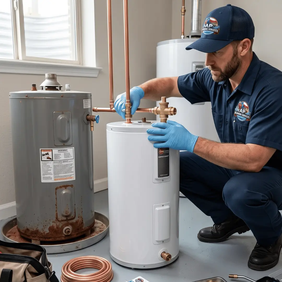Technician replacing residential water heater unit