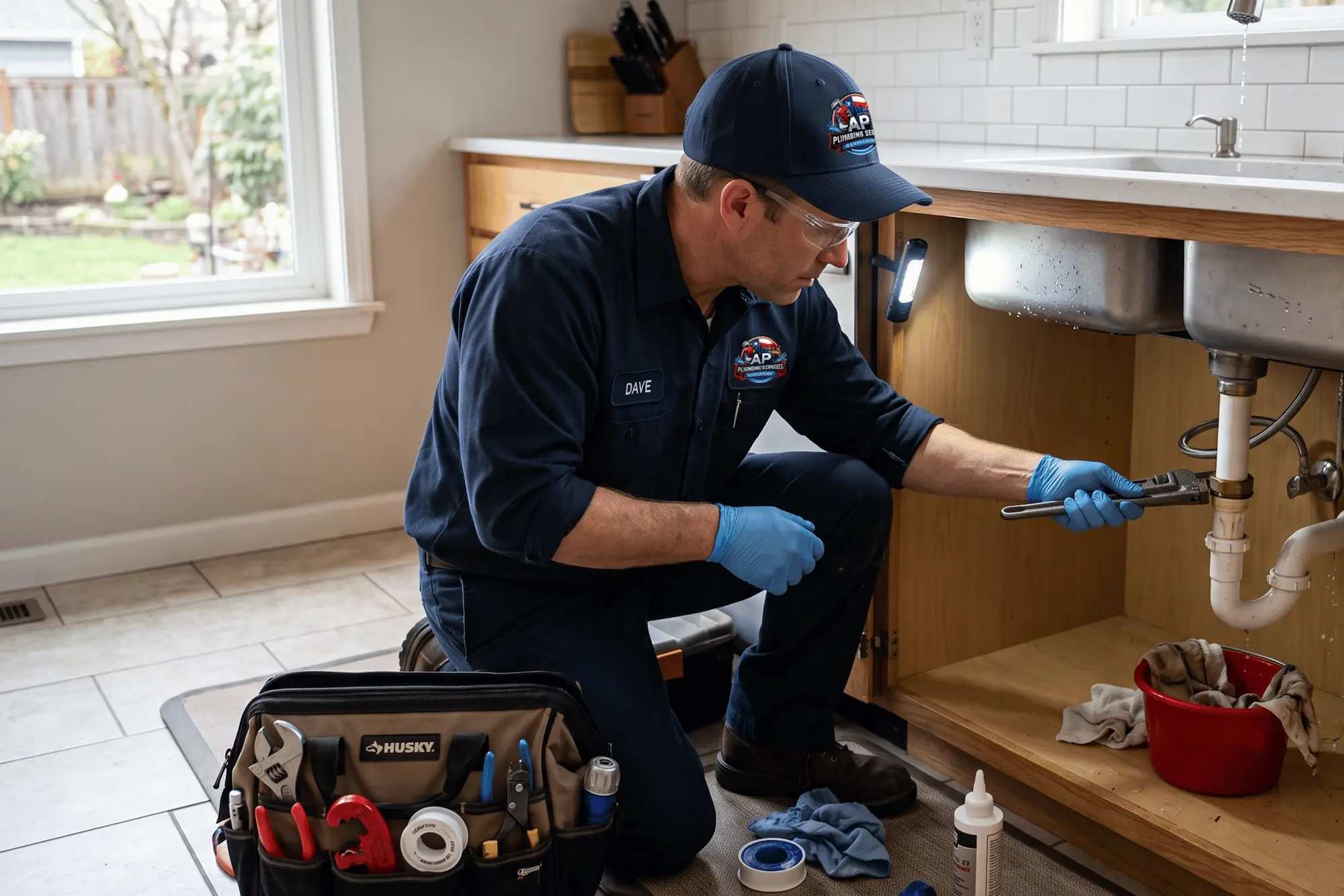 Plumber repairing leaking kitchen sink pipes