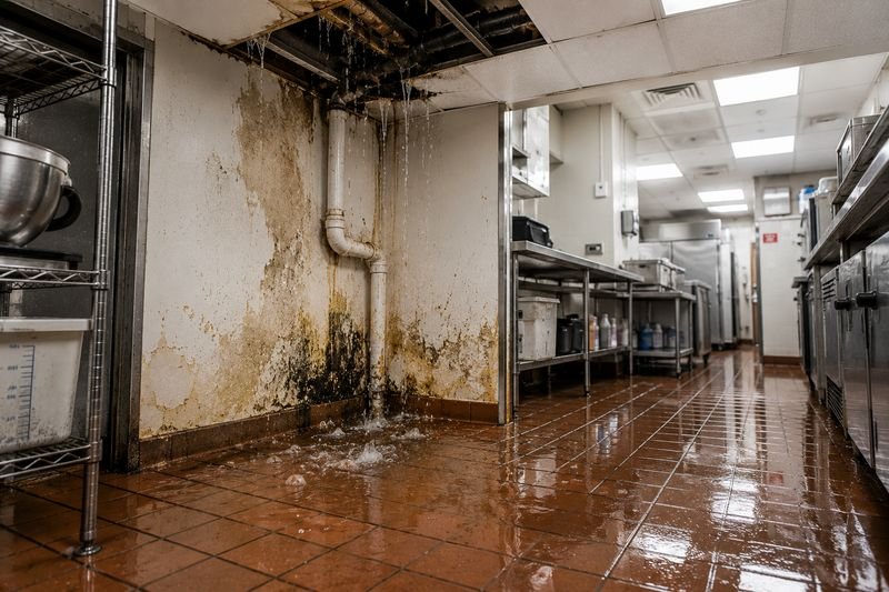 Water damage inside a commercial building caused by a hidden plumbing leak