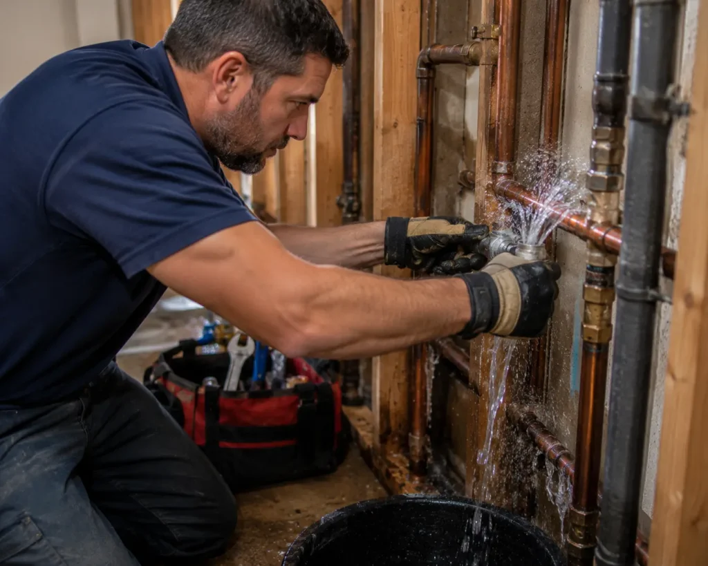Affordable Plumbing Services plumber repairing an active burst pipe leak
