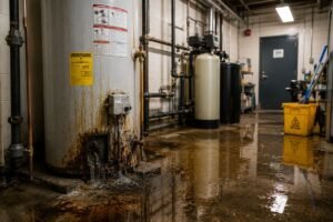 Leaking commercial water heater causing water damage in a mechanical room