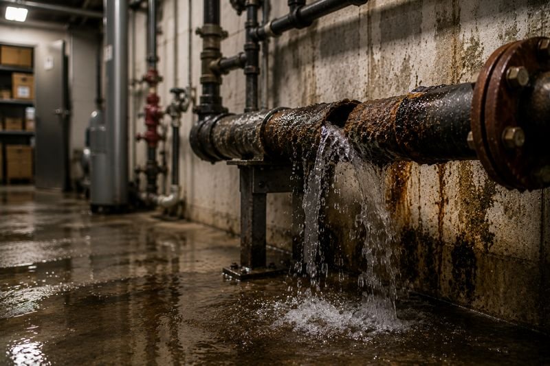 Leaking commercial water pipe causing water damage